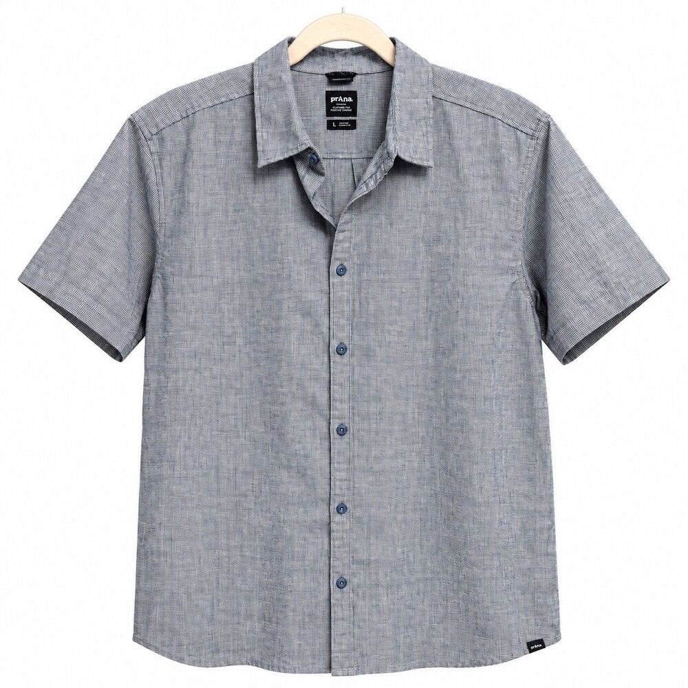 prAna Lindores Camp Shirt L Blue Hemp Blend Standard Fit Micro Check Gorpcore